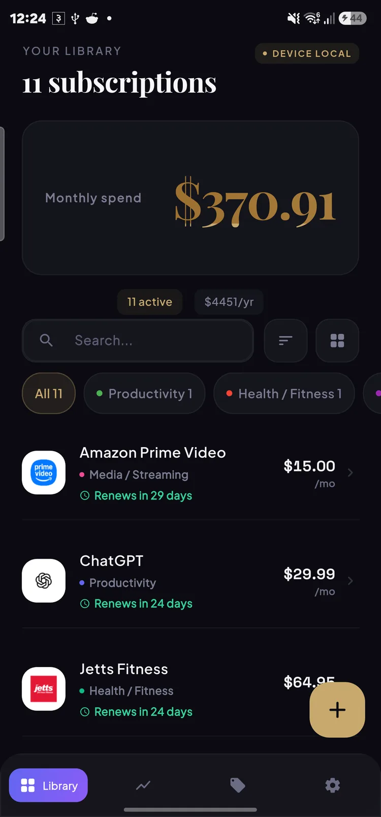 PriceMinder's library screen showing 11 tracked subscriptions and a
                  $370.91 monthly spend total