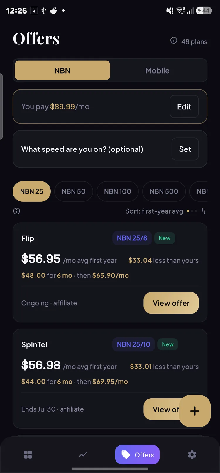 PriceMinder's Offers screen comparing current NBN plans side by side