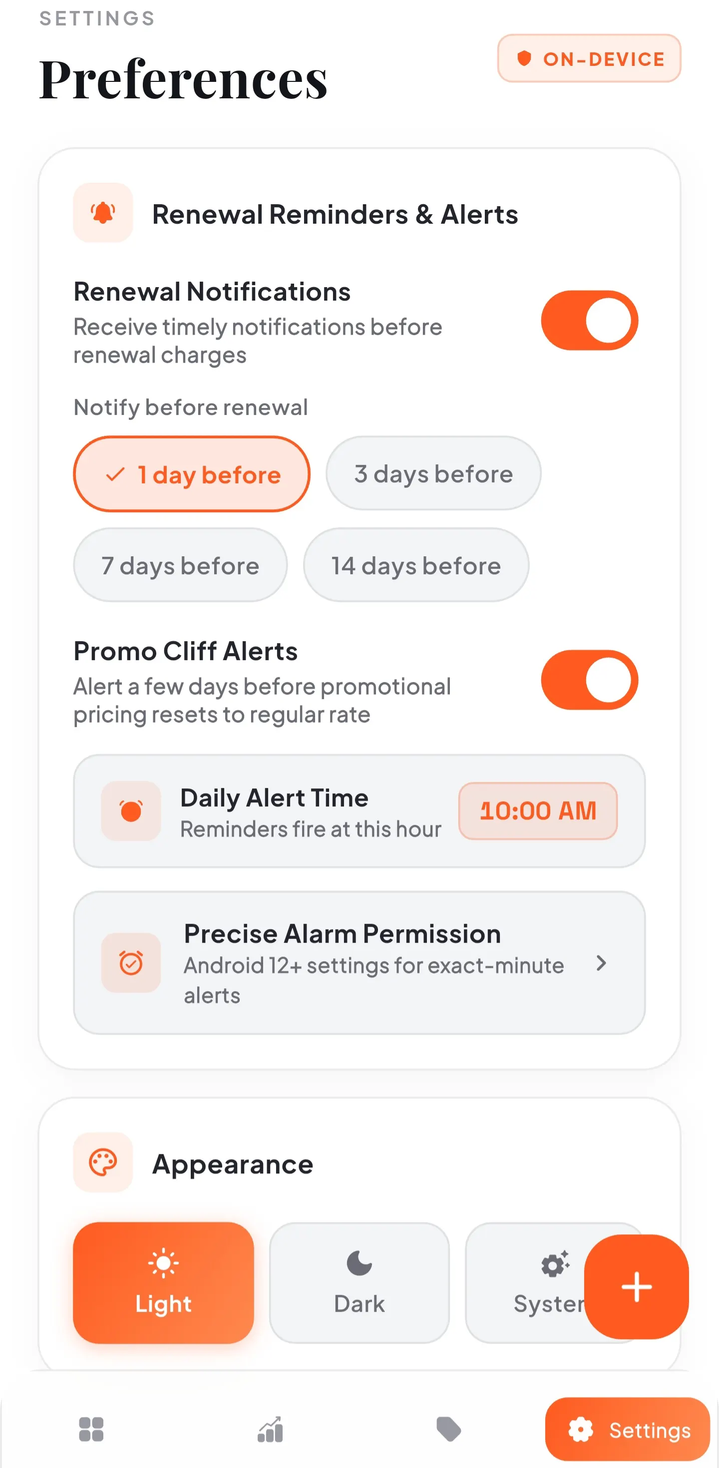 PriceMinder's Preferences screen with renewal reminders and promo
                  cliff alerts
