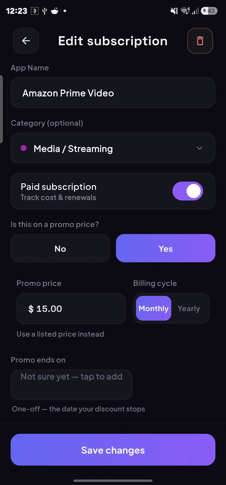 PriceMinder's edit-subscription screen setting a promo price and the
                  date the promo ends